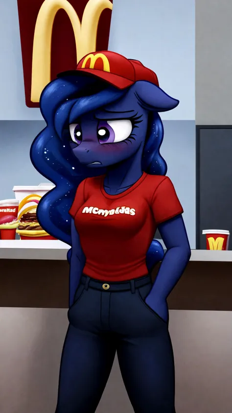 my little pony, princess Luna, sad and defeated expression, wearing mcdonalds uniform, red shirt, black slacks, mcdonalds cap, standing behind mcdonalds counter