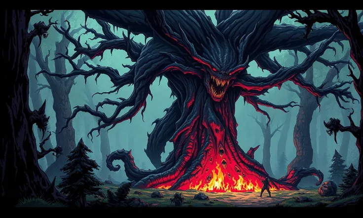 Glitchcore Art Style, retro game art pixel-art. In a medieval setting.
A corrupted treant rises from the cursed forest, its massive tree-like form blackened and twisted by dark magic. Its once-noble features are now snarling with rage, and it swings its en...