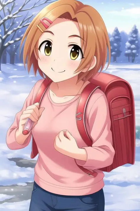 (masterpiece),ryuuzaki kaoru, short hair, yellow eyes, brown hair, 1girl, backpack, randoseru, solo, bag, snow, hair ornament, smile, food, hairclip