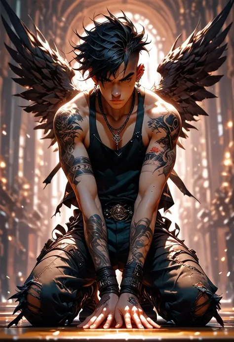 score_9, score_8_up, score_7_up, male focus, 2 adult men, gays, couple, standing on their knees, grab anothers chest from behind, on of them spread his black large wings from behind, masculine, (abs:0.5), pectorals, topless male, (tattoo:1.8), (short hair)...