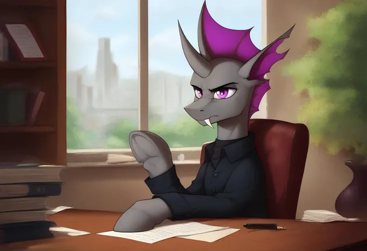 masterpiece, score_9_up, score_8_up, score_7_up, score_6_up, (best quality:1.1), ultra-detailed, high resolution, 1character, male, Neptun Herbst, mlp, changeling, feral, ragged ears, (((beautiful detailed purple eyes))) , crooked horn, gray skin, purple m...