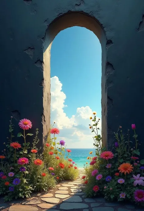 peeking through a tiny gap in a flat mysterious black wall, a sky and wonderworld is seen, a bright wonderous fantasy world is visible with flowers, colors and brimming life