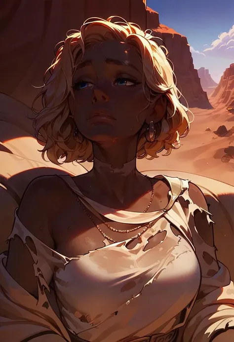 (score_9, score_8_up:1.1), score_7_up,  1girl, gorgeous girl ,desert, bright sun, exhausted, sweaty, dark skin, blonde hair, ripped clothes