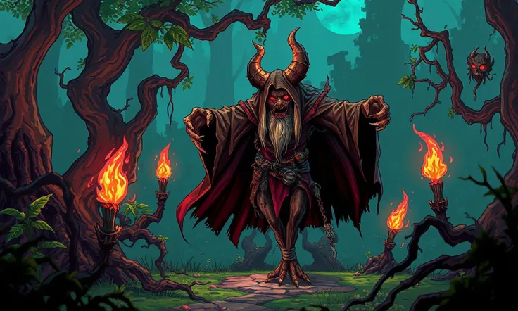 Glitchcore Art Style, retro game art pixel-art. In a medieval setting.
A vile hag stands in the center of her enchanted glade, her crooked, clawed hands weaving dark magic. Her hunched form is covered in ragged robes, and her eyes glow with the power of an...