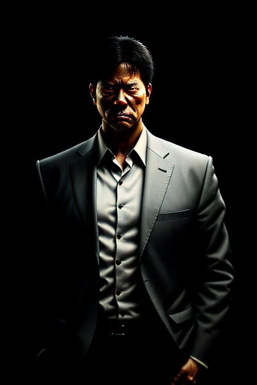 best quality,masterpiece,(realistic:1.2)quality,realistic,masterpiece,Highly detailed,1boy,office man,adult,asian,black hair,suit,standing,hand in pocket,grey_background,moody lighting,full_shot,frontlight,highres,absurdres,incredibly_absurdres,huge_filesi...