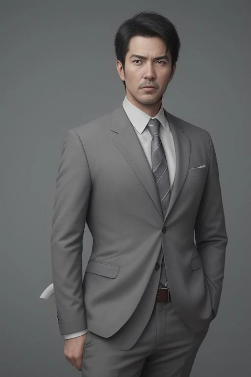 best quality,masterpiece,(realistic:1.2)quality,realistic,masterpiece,Highly detailed,1boy,office man,adult,asian,black hair,suit,standing,hand in pocket,grey_background,moody lighting,full_shot,frontlight,highres,absurdres,incredibly_absurdres,huge_filesi...