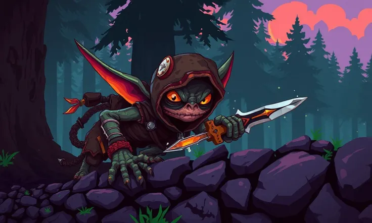 Glitchcore Art Style, retro game art pixel-art. In a medieval setting.
A sneaky goblin scout crawls along the tree line, its small, wiry frame covered in crude, patchwork leather. Its yellow eyes gleam with mischief as it scouts the area, a poisoned dagger...