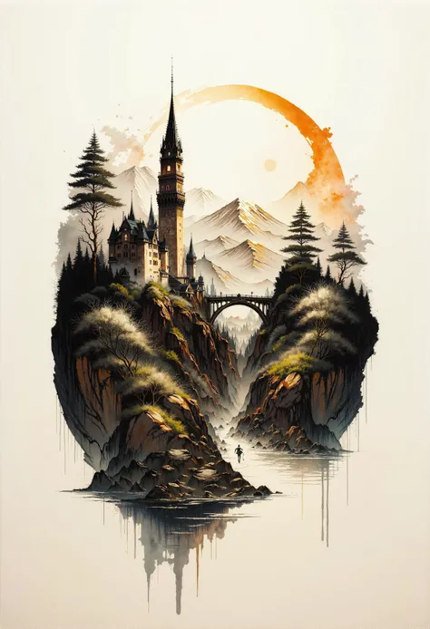 abstract style . (famous artwork by Kris Kuksi:1.4), bridge, A minimalist abstract oil painting of a towering castle, reduced to simple geometric shapes, perched on a cliff that blends into sweeping curves symbolizing a river valley. The scene suggests dis...