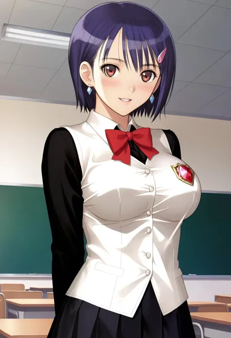 in school, (white Vest, jewel hairclip, black skirt, collared shirt), sharp eyes, inflame, cheerful, seductive smile, mature, heart hairpin, adorable, upper body, mature, jewel necklace, jewel round earrings,  1girl, solo, breasts, large breasts, red eyes,...