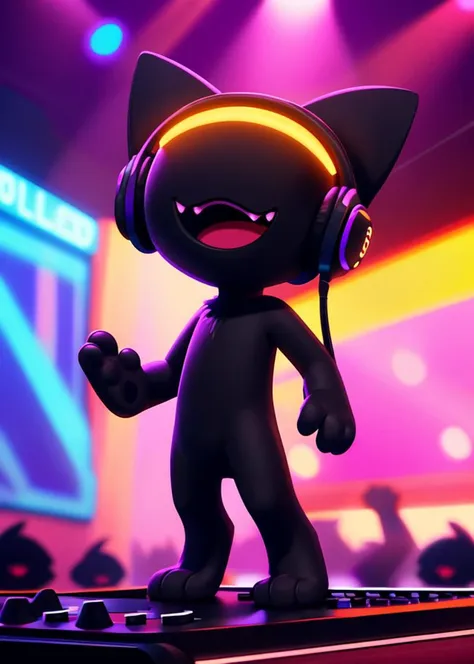 (by hollo nut, by crownedvictory:1.25), (chibi), (monstercat, eyeless, headphones, noseless:1.35), feral, fluffy, black body, cu...