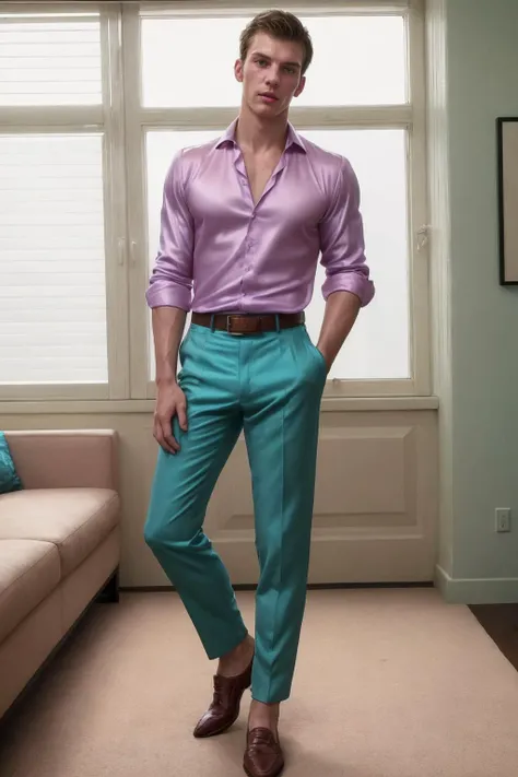 confidently posing, <lora:sc_doug_sd15_epoch_7:0.8> muscular caucasian male dgperson wearing a [coral|teal:0.5] fitted silk shirt and trousers and brogue shoes, wearing a watch, belt, elegant photoshoot, shot by Mario Testino, modern minimalism, in front o...