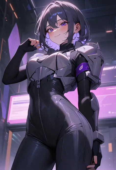 ```
masterpiece, best quality, very aesthetic, newest, 1girl, original character, solo, standing pose, hand on hip, slight smile, other hand adjusting communication device on neck, futuristic tight-fitting battle suit, deep purple color, silver accents, hi...