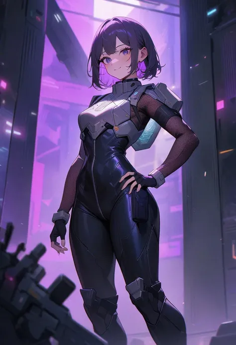 ```
masterpiece, best quality, very aesthetic, newest, 1girl, original character, solo, standing pose, hand on hip, slight smile, other hand adjusting communication device on neck, futuristic tight-fitting battle suit, deep purple color, silver accents, hi...