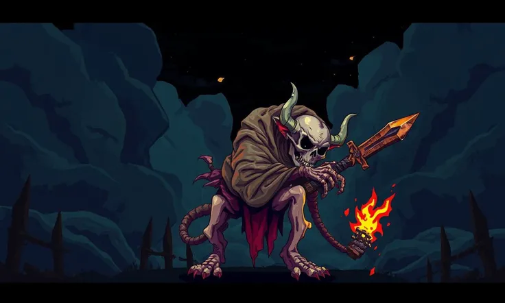 Glitchcore Art Style, retro game art pixel-art. In a medieval setting.
A skeletal kobold, wrapped in tattered rags, its bones rattling as it shuffles through the darkness, clutching a rusty dagger.
dynamic, dramatic, (vibrant:1.2), (vibrant colors:1.3), me...