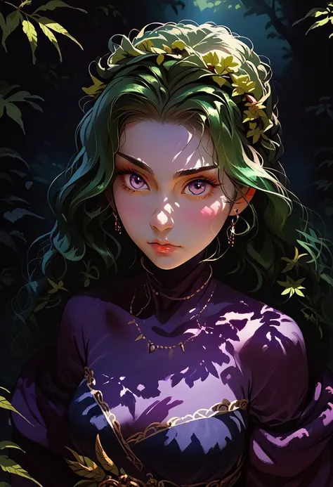 score_9, score_8_up, score_7_up, source_anime, source_cartoon, a detailed portrait of a fierce female warrior, her design inspired by the natural elements of cannabis plants. She has long, flowing green hair resembling cannabis leaves, with intricate patte...