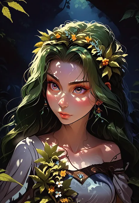 score_9, score_8_up, score_7_up, source_anime, source_cartoon, a detailed portrait of a fierce female warrior, her design inspired by the natural elements of cannabis plants. She has long, flowing green hair resembling cannabis leaves, with intricate patte...