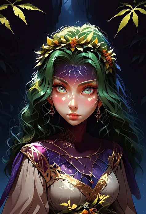 score_9, score_8_up, score_7_up, source_anime, source_cartoon, a detailed portrait of a fierce female warrior, her design inspired by the natural elements of cannabis plants. She has long, flowing green hair resembling cannabis leaves, with intricate patte...