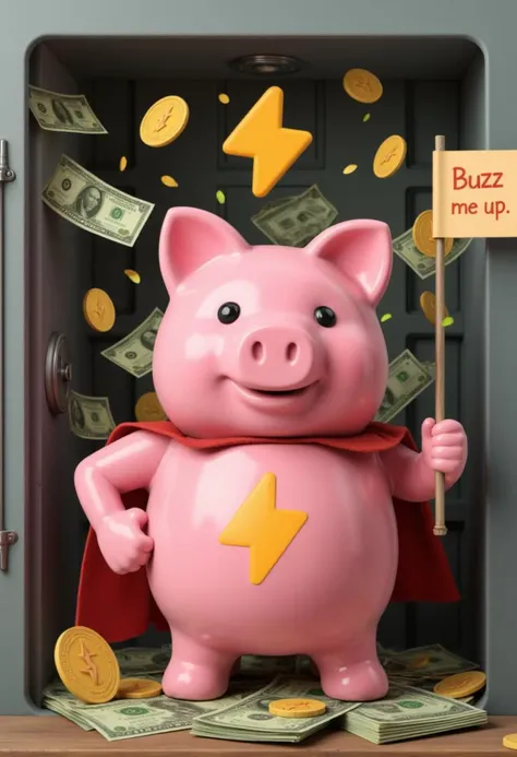 masterpiece image of a pink, plastic-looking piggy bank with SuchBuzzLogo on its belly. The piggy bank is inside a bank vault filled with dollar bills, all featuring SuchBuzzLogo. Golden coins with the SuchBuzzLogo are raining down from the sky onto the pi...