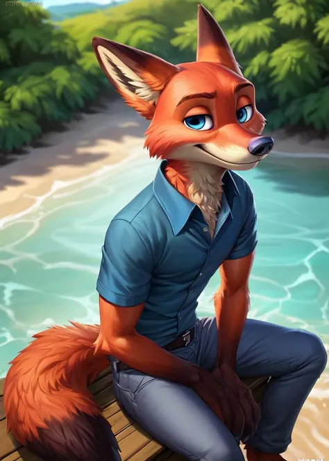 a cartoon fox sitting on a dock next to a body of water