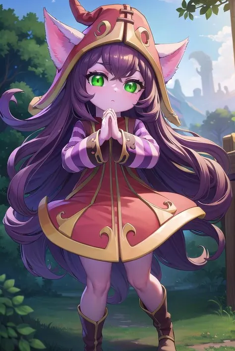 lollulu, <lora:lulu-lora-nochekaiser:1>,
lulu, long hair, bangs, animal ears, (green eyes:1.5), purple hair, colored skin, purple skin,
BREAK long sleeves, hat, dress, red dress, red headwear, ears through headwear, striped sleeves, yordle,
BREAK looking a...