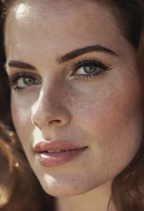 a close up of a woman with freckles and a necklace