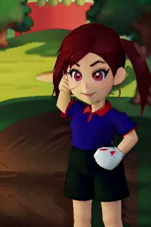 <lora:Plum -Mario Golf - V1:0.85> plum (mario golf 64), 1girl, solo, brown hair, pigtails, green eyes, dark blue shirt, red collar, red cuffs, 1white_glove, <lora:Puppet:1> puppet