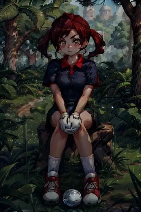 anime girl sitting on a bench in the woods with a soccer ball