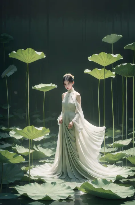 a woman in a white dress standing in a pond of water with lotus leaves