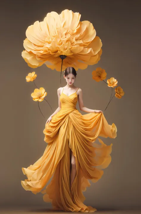 a woman in a yellow dress holding a large flower