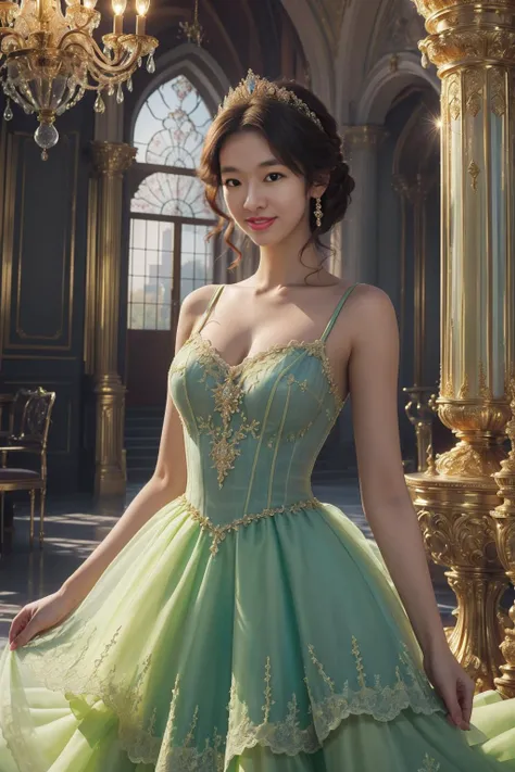 best quality, quality, masterpiece, (photorealistic:1.4),1girl, (((masterpiece,best quality))),((good structure,Good composition,good atomy)), ((clear, original,beautiful)),dramatic lighting,smile,standing in a palace,palace,princess dress,<lora:princess_d...