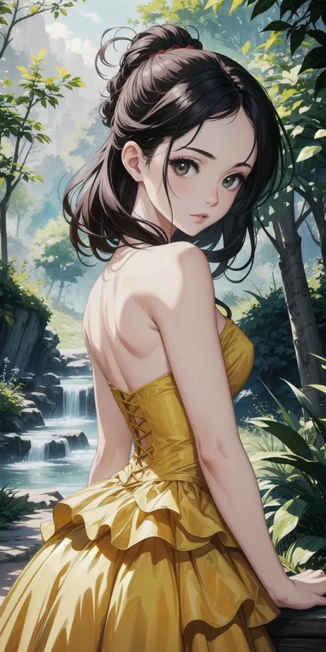 a woman in a yellow dress standing in front of a waterfall