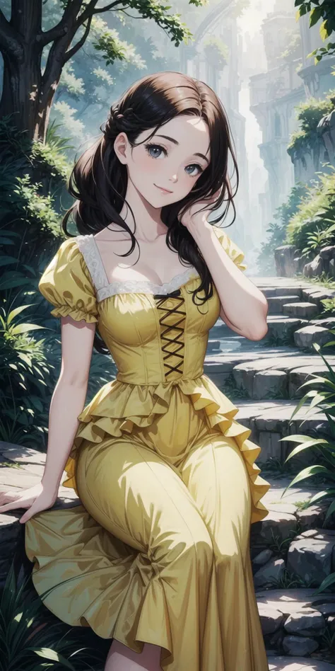 a woman in a yellow dress sitting on a stone steps