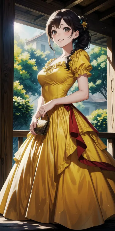 a woman in a yellow dress standing in front of a window