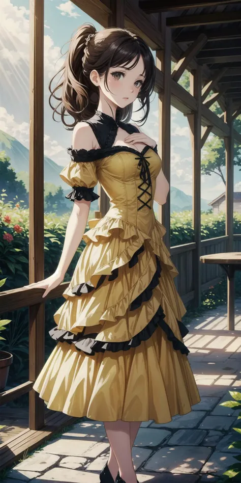 a woman in a yellow dress standing on a porch