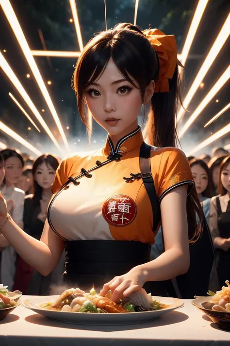 (masterpiece, best quality), 1girl,   Dark orange Sleek High Ponytail, Size D breasts,   <lora:girllikechuÌkaichiban:1> chÅ«ka ichiban, glowing chinese cuisine, laser beam shoots from center in all directions, holding plate, beret hat, qipao, china palace...