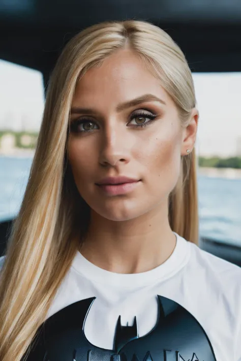 RAW, real photo portrait, dgo , on a boat, (wearing batman shirt), pretty face, insanely detailed eyes, light blonde hair, high ponytail, bokeh, natural light, depth of field, golden hour, sharp focus,<lyco:DianeGuerrero-RealVision-V1.0:1.0>