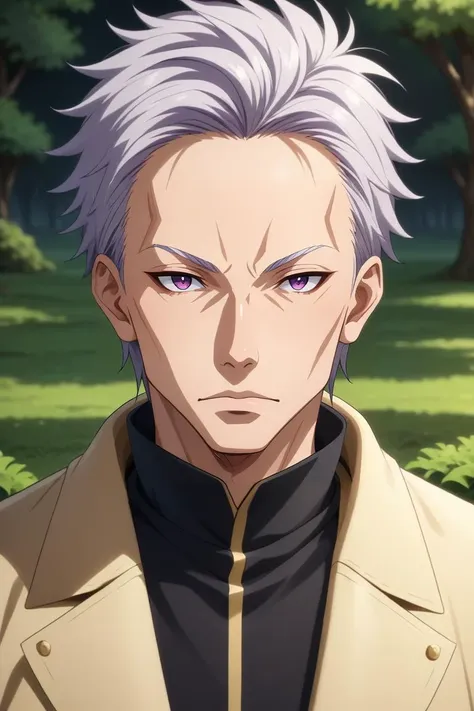 a man with white hair and purple eyes stands in front of a green field