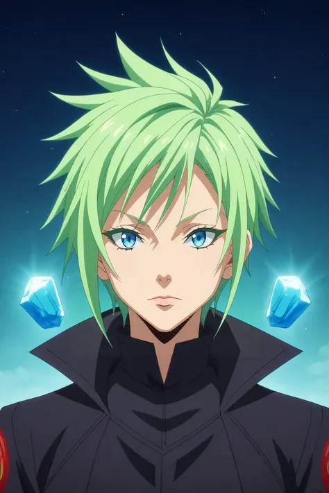 a man with green hair and blue eyes standing in front of a sky