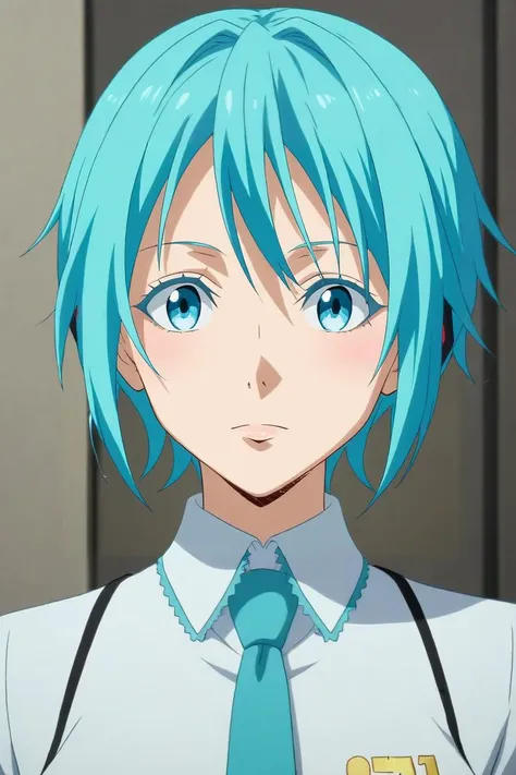 a close up of a person with blue hair wearing a tie