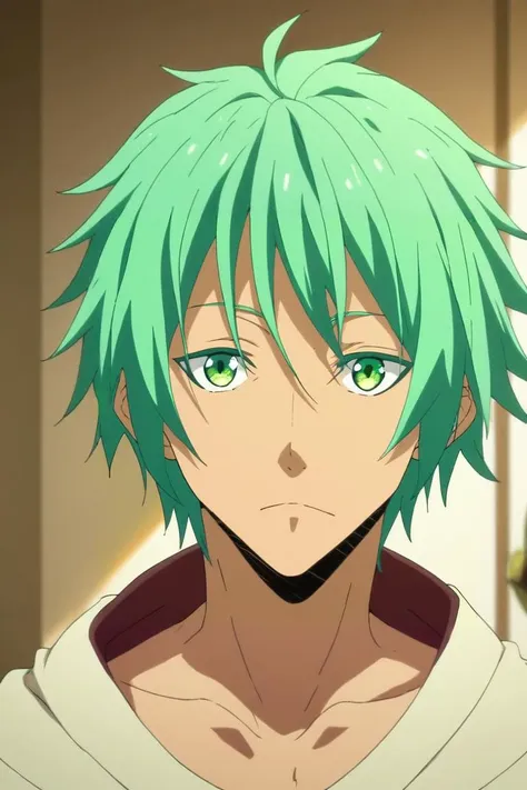 a close up of a person with green hair and green eyes