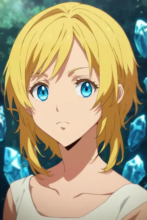 a woman with blonde hair and blue eyes standing in front of a bunch of ice