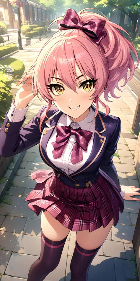 anime girl in a school uniform posing on a sidewalk