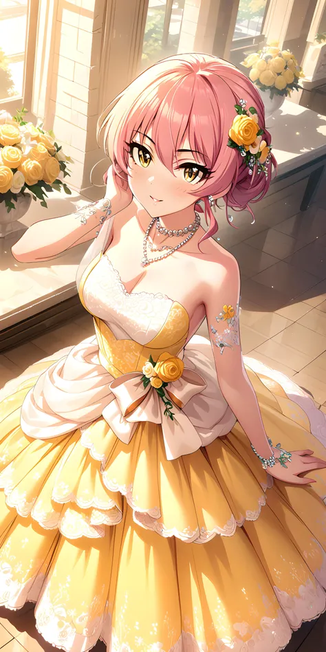 anime girl in yellow dress with flowers in hair