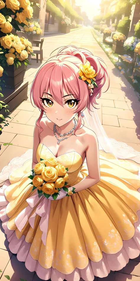 anime girl in yellow dress with flowers in her hair