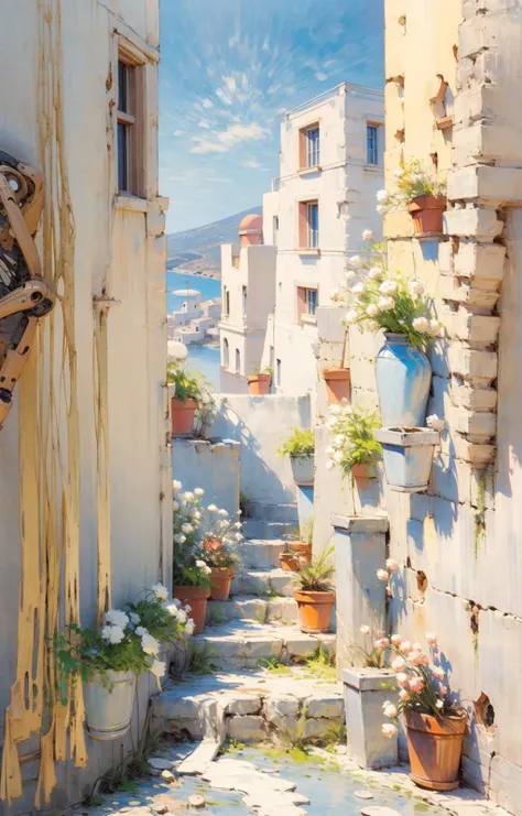 (no human:1.6),Greece, Santorini, Santorini house, road, steps, trees <lora:Oil painting stick_20230710133139:0.8>