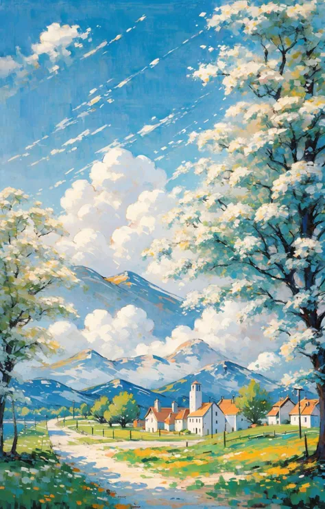 city, european architecture, outdoor, sunny day, road, white clouds, distant view, depth of field<lora:Oil painting stick_20230710133139:0.71>