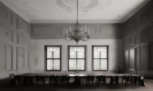 one long table in grey soviet-russian poor dining room with dirt on a ground, renaissance style