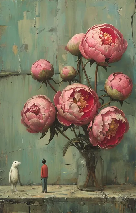 masterpiece,best quality,<lora:tbh161-sdxl:0.9>,illustration,style of Shaun Tan, decaying peonies