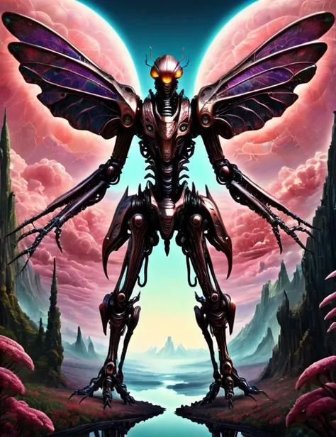 ((best quality)), ((masterpiece)), ((realistic,digital art)), (hyper detailed), Enormous Roaming Organic-Mechanical Terrifying Insectoid,  Clawed Appendages, Trifurcated-Tailed, Forked-Tailed, Exoskeleton,  Dark Wings,,  <lora:Bl00m1ngF41ry-000009:1.0>