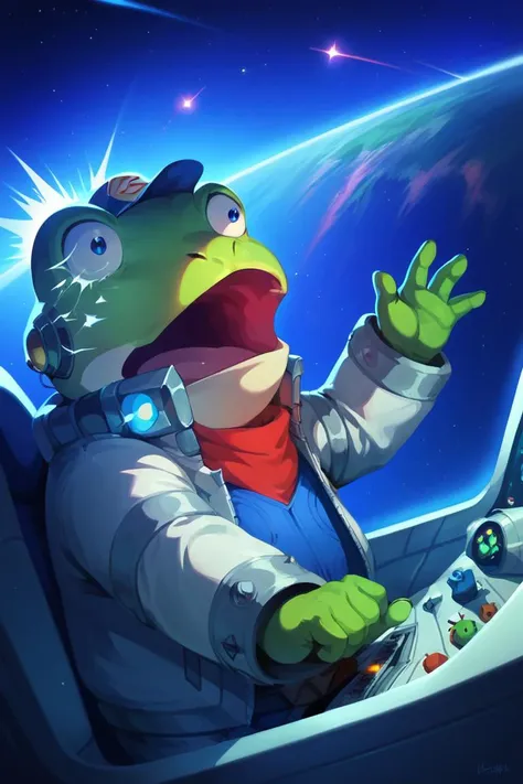 a close up of a cartoon frog in a space suit